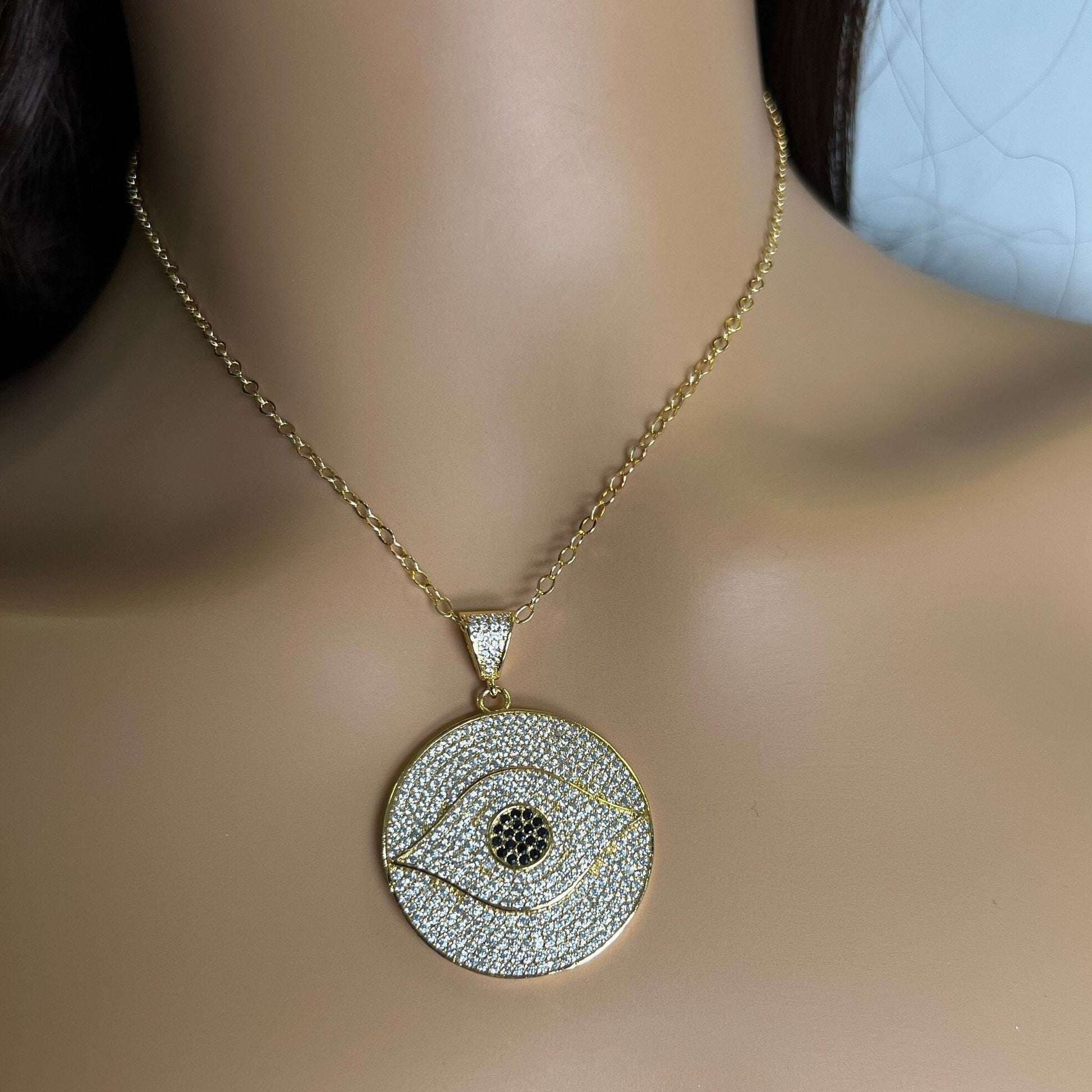 Cubic Zirconia Micro Pave CZ Diamond 32mm large Evil Eye Round Pendant with 925 Sterling Silver or 14K Gold Filled Necklace, Protection