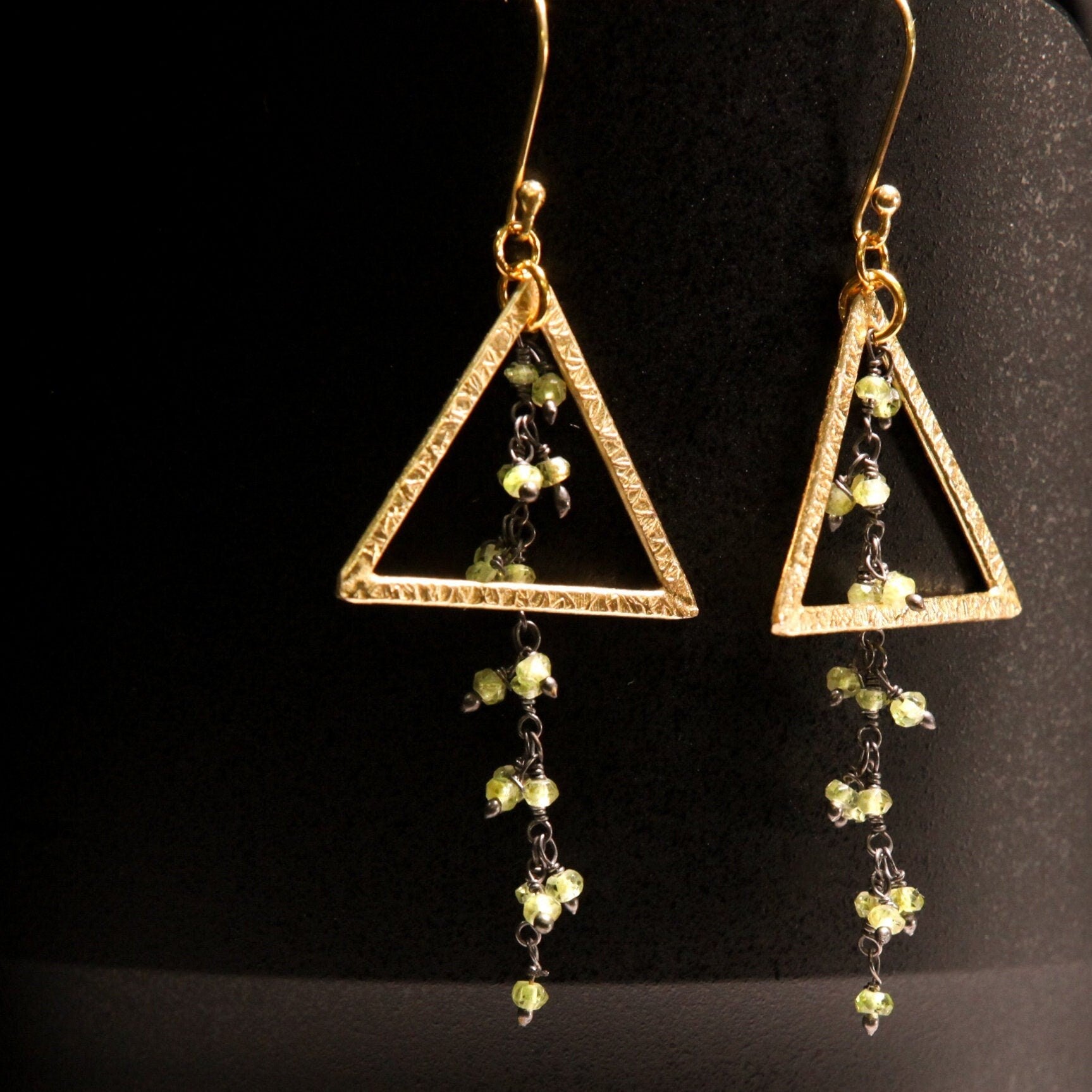 Genuine Peridot Wire Wrapped cluster Dangling with 23x26 mm Triangular hammered brush Gold Vermeil Earring .August Birthstone,Tree of life