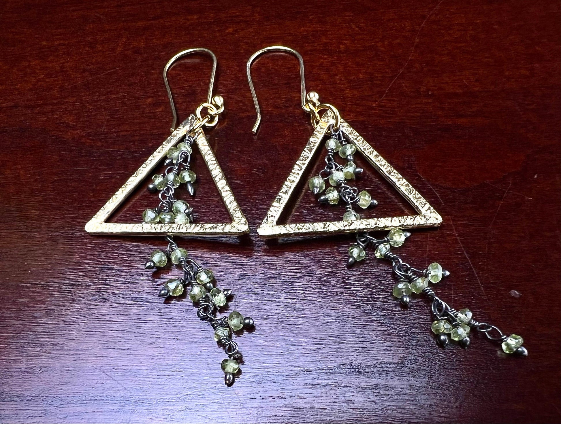 Genuine Peridot Wire Wrapped cluster Dangling with 23x26 mm Triangular hammered brush Gold Vermeil Earring .August Birthstone,Tree of life
