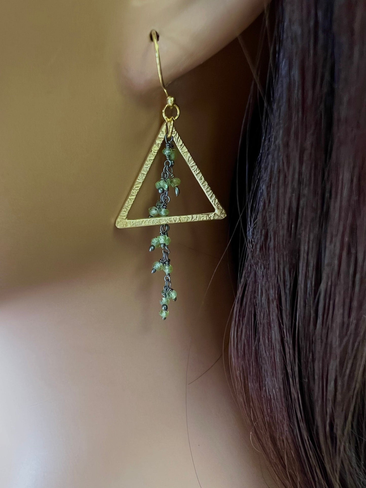 Genuine Peridot Wire Wrapped cluster Dangling with 23x26 mm Triangular hammered brush Gold Vermeil Earring .August Birthstone,Tree of life