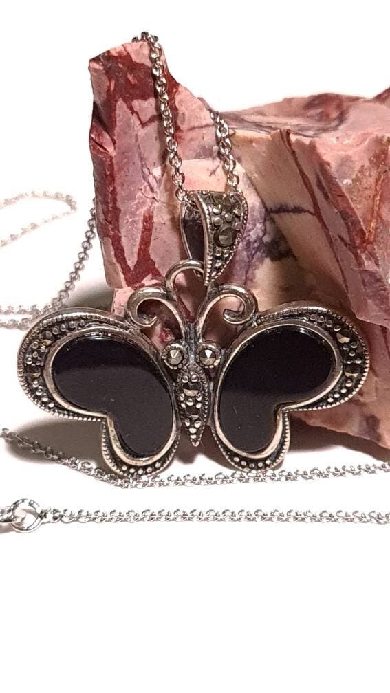 Marcasite 925 Sterling Silver Black Onyx Butterfly Pendant Necklace with Rhodium Non Tarnish Sterling Silver Chain 21x32mm Vintage, Antique