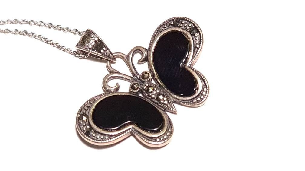 Marcasite 925 Sterling Silver Black Onyx Butterfly Pendant Necklace with Rhodium Non Tarnish Sterling Silver Chain 21x32mm Vintage, Antique