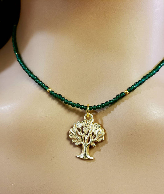 Natural green jade 2mm smooth Round with brushed gold vermeil Tree necklace Choker Layering Elegant , Gift Tree of life