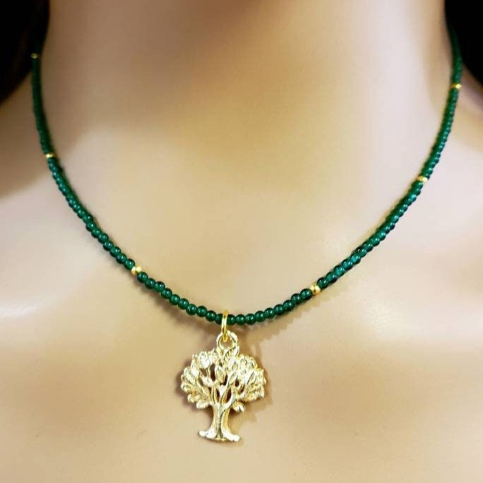 Natural green jade 2mm smooth Round with brushed gold vermeil Tree necklace Choker Layering Elegant , Gift Tree of life