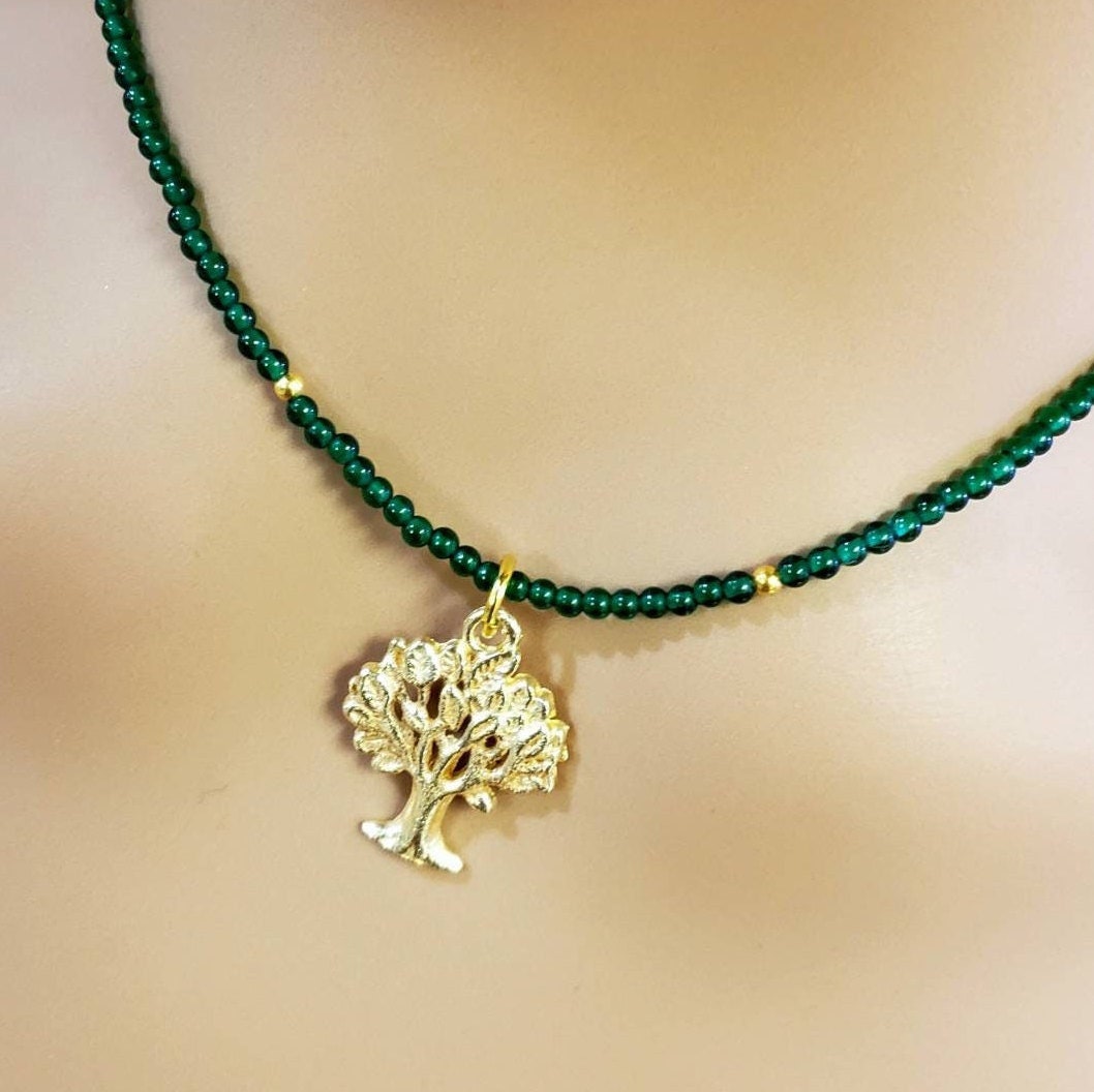 Natural green jade 2mm smooth Round with brushed gold vermeil Tree necklace Choker Layering Elegant , Gift Tree of life