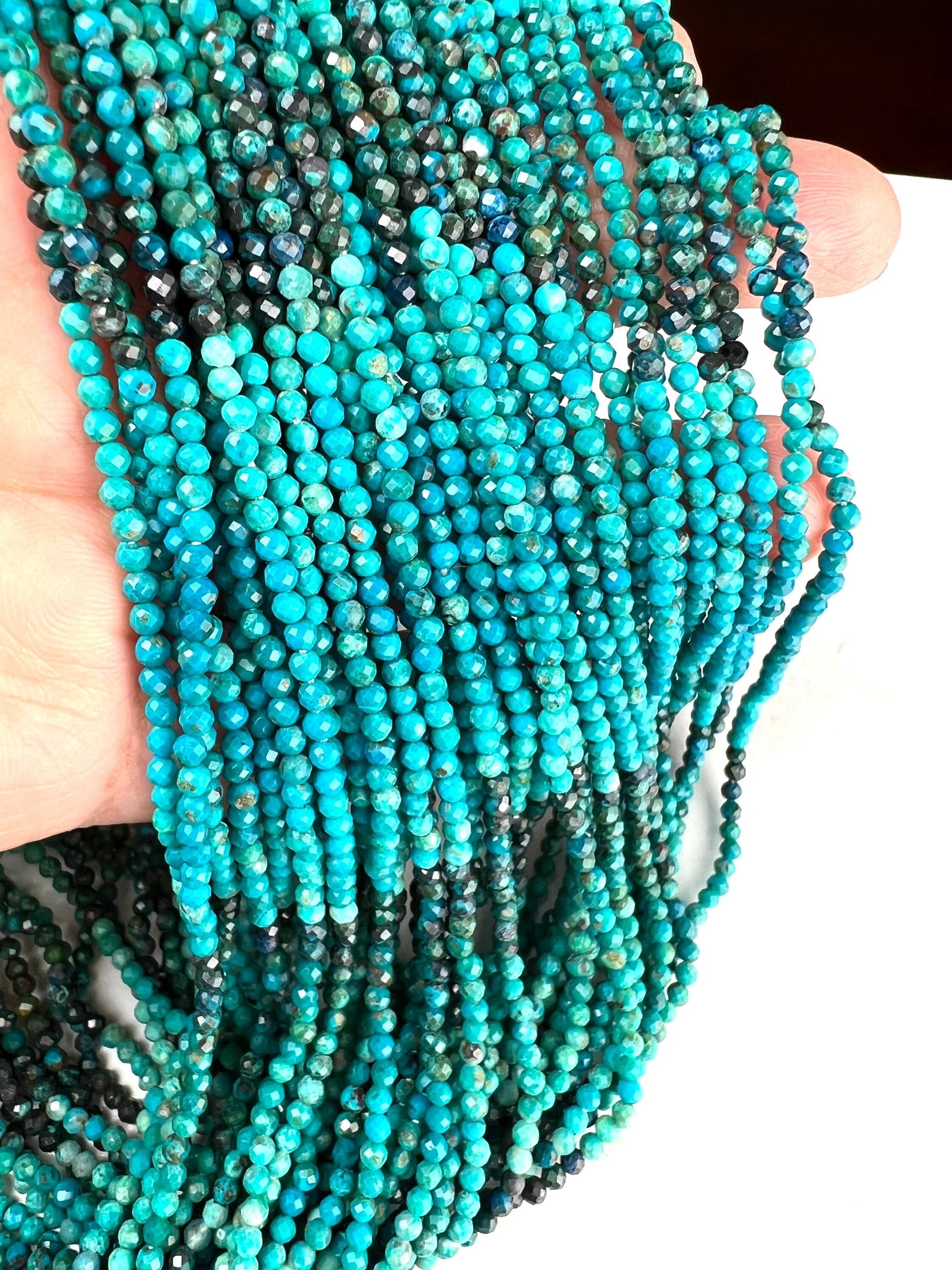 Natural Chrysocolla 2.5mm Round Faceted Micro Diamond cut 12.5&quot; Strand, Beautiful blue green AAA Quality quality jewelry making beads.