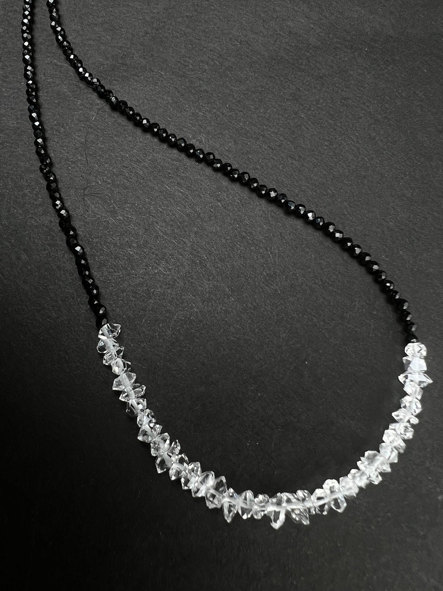 Black Spinel 2mm Beads with Herkimer Diamond 4x5.5-6.5mm Double Terminated in 3" AAA High Quality Raw Diamond 925 Sterling Silver necklace