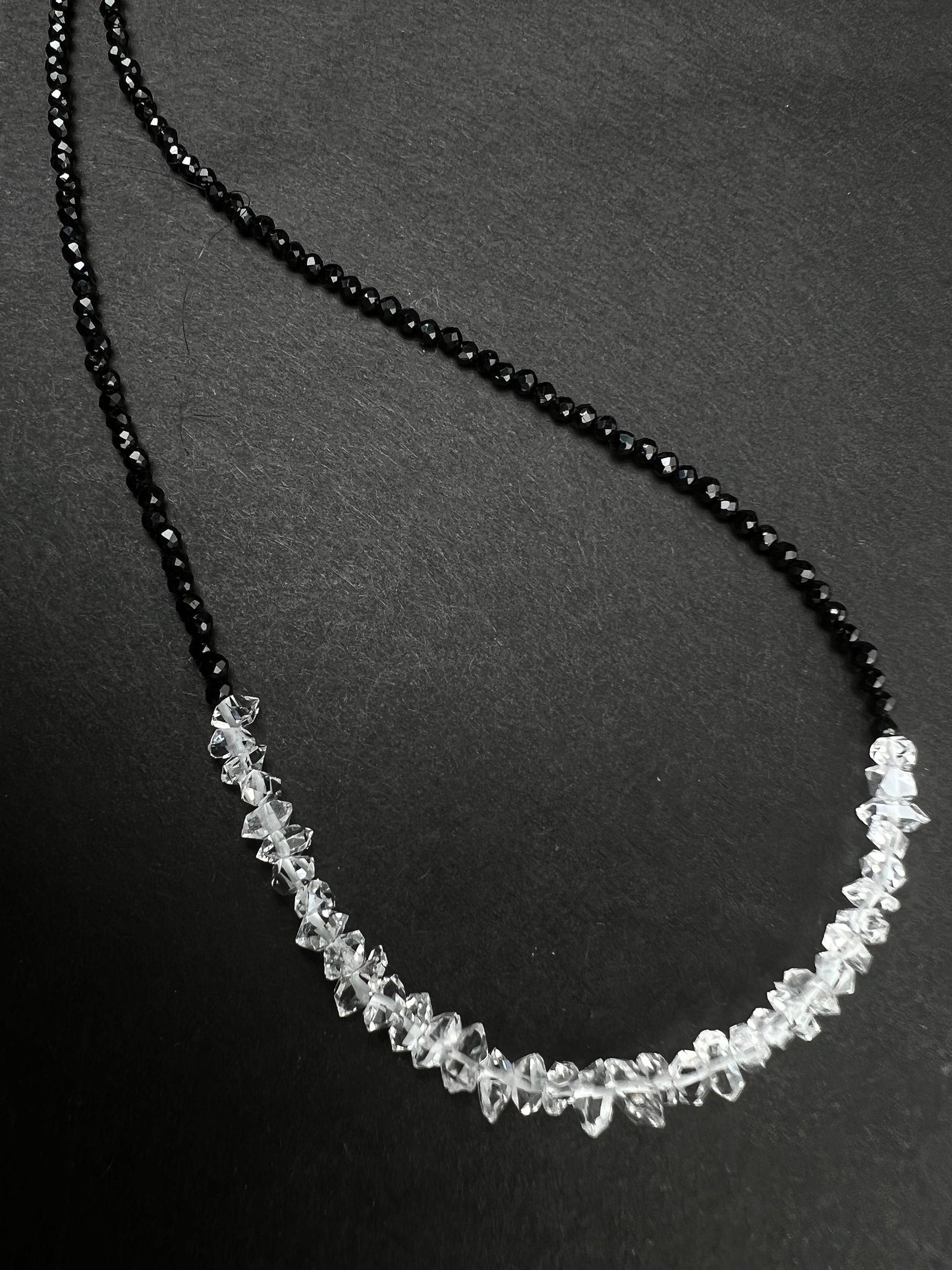 Black Spinel 2mm Beads with Herkimer Diamond 4x5.5-6.5mm Double Terminated in 3&quot; AAA High Quality Raw Diamond 925 Sterling Silver necklace