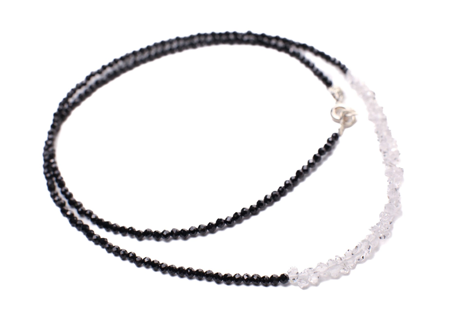 Black Spinel 2mm Beads with Herkimer Diamond 4x5.5-6.5mm Double Terminated in 3" AAA High Quality Raw Diamond 925 Sterling Silver necklace