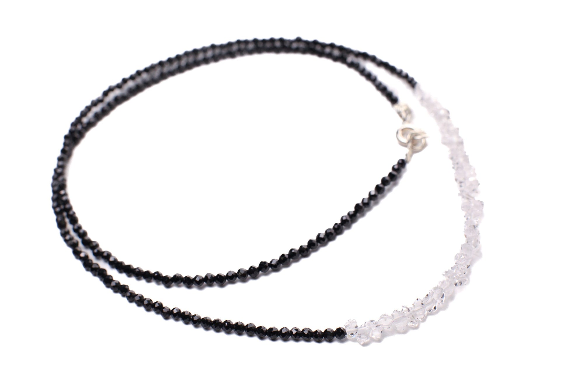 Black Spinel 2mm Beads with Herkimer Diamond 4x5.5-6.5mm Double Terminated in 3&quot; AAA High Quality Raw Diamond 925 Sterling Silver necklace