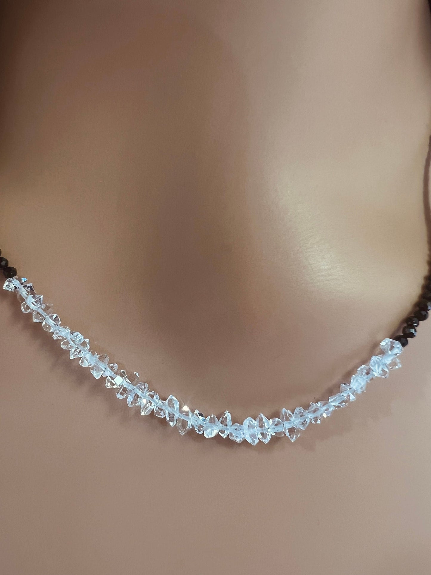 Black Spinel 2mm Beads with Herkimer Diamond 4x5.5-6.5mm Double Terminated in 3" AAA High Quality Raw Diamond 925 Sterling Silver necklace