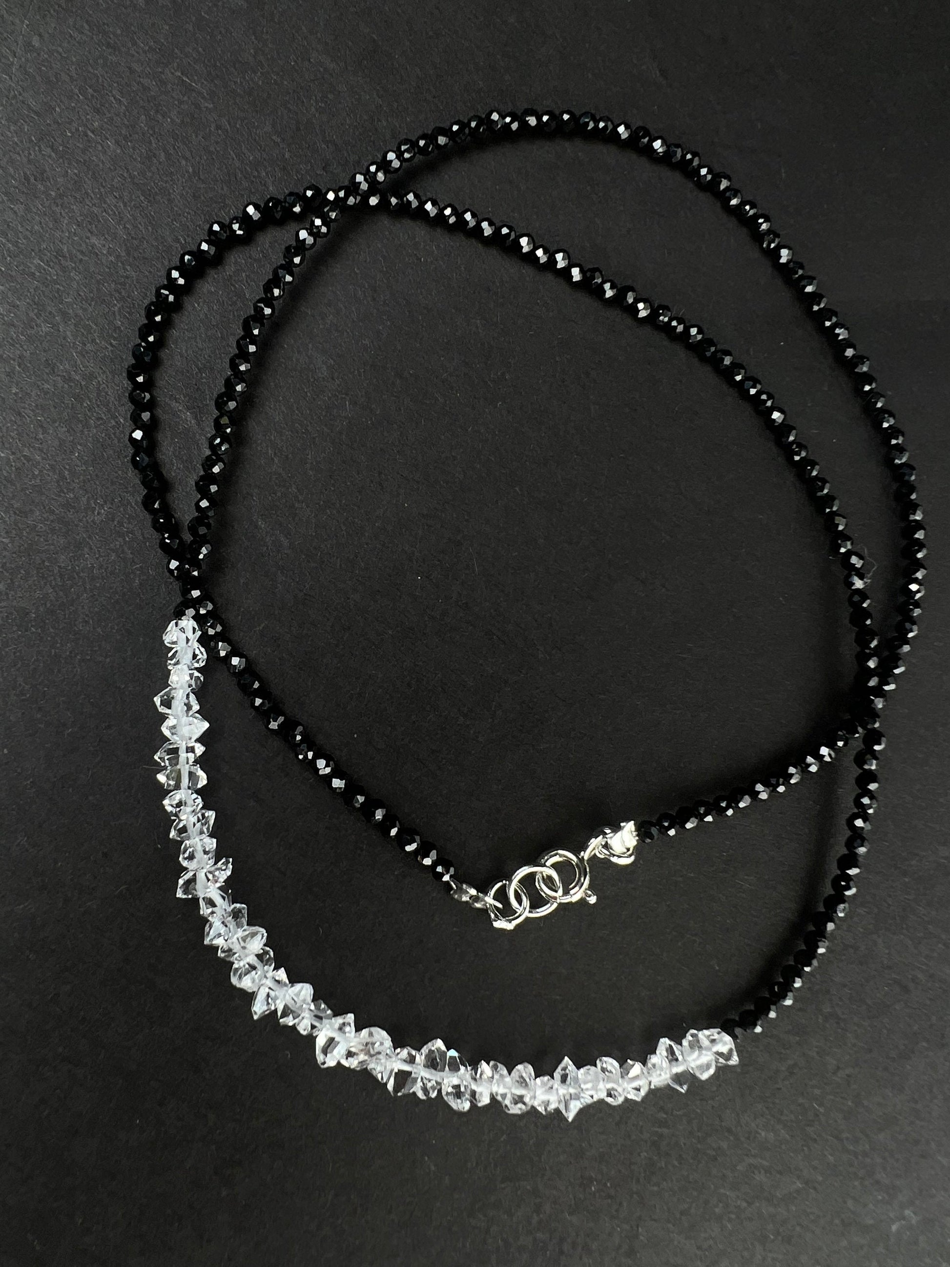 Black Spinel 2mm Beads with Herkimer Diamond 4x5.5-6.5mm Double Terminated in 3&quot; AAA High Quality Raw Diamond 925 Sterling Silver necklace
