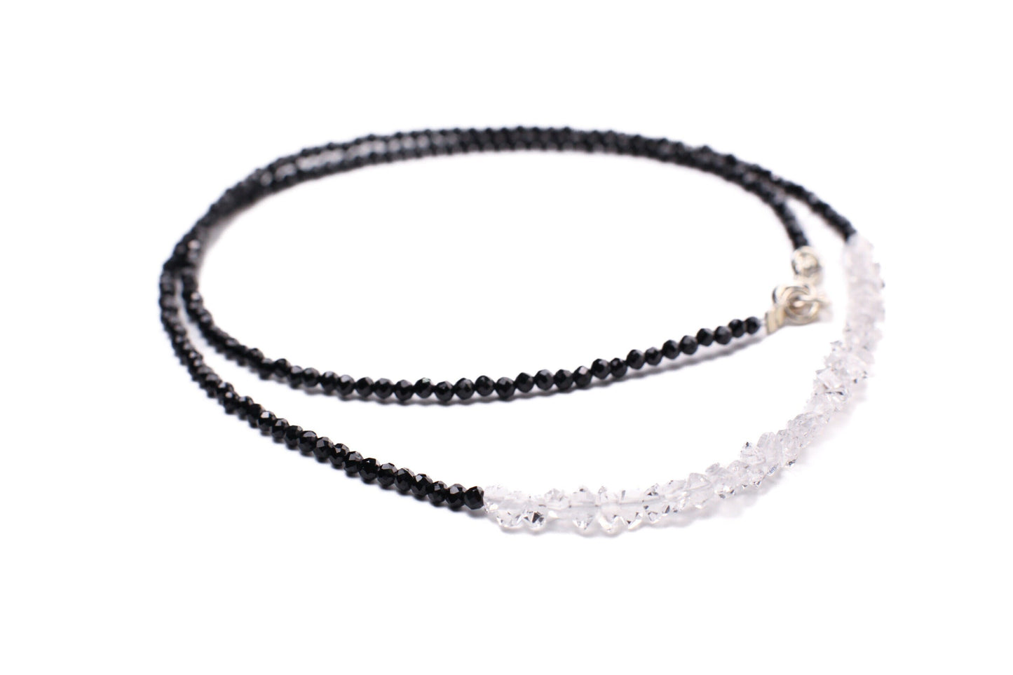 Black Spinel 2mm Beads with Herkimer Diamond 4x5.5-6.5mm Double Terminated in 3&quot; AAA High Quality Raw Diamond 925 Sterling Silver necklace