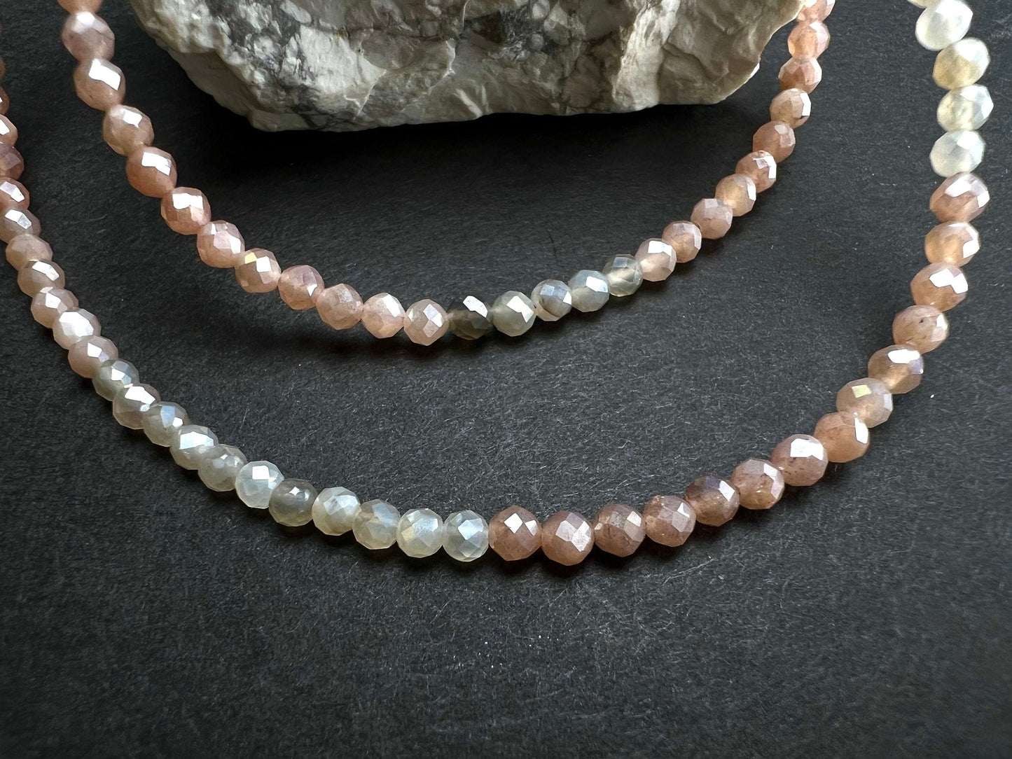 Natural Multi Moonstone Faceted 3.5mm Round Beaded necklace.925 Sterling silver.Beautiful light peachy Beige choker layering gift