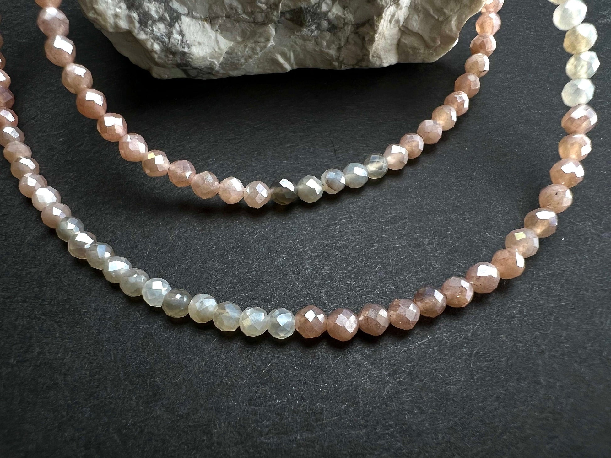 Natural Multi Moonstone Faceted 3.5mm Round Beaded necklace.925 Sterling silver.Beautiful light peachy Beige choker layering gift