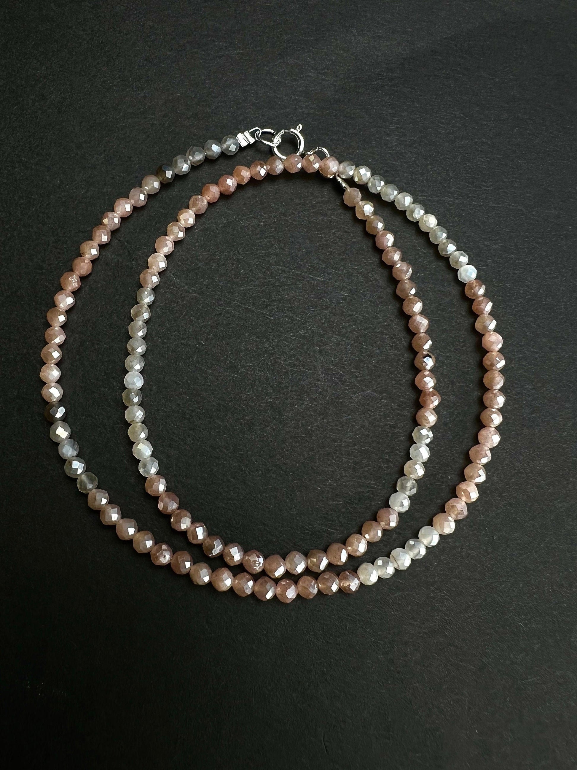 Natural Multi Moonstone Faceted 3.5mm Round Beaded necklace.925 Sterling silver.Beautiful light peachy Beige choker layering gift