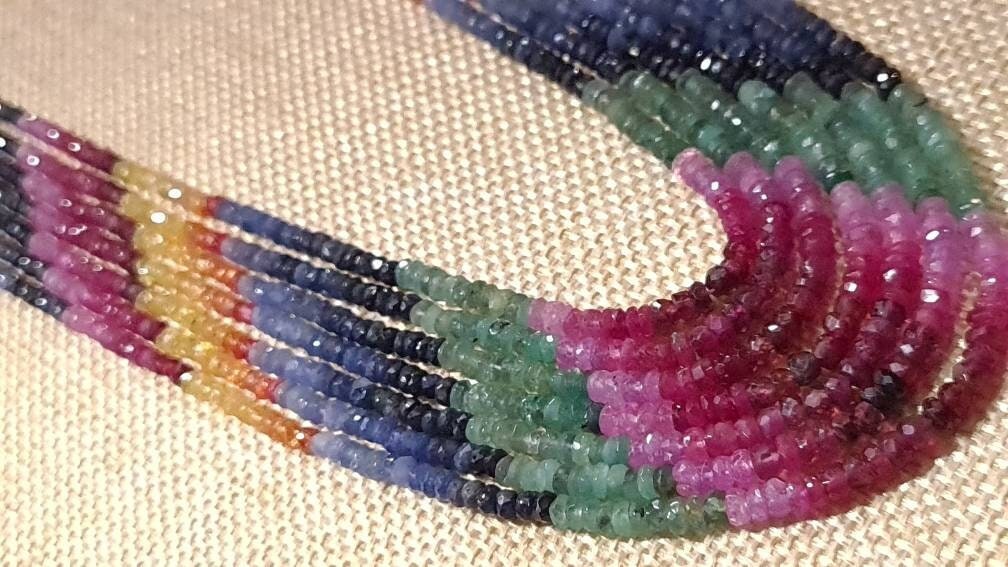 Natural Multi Sapphire 7 Line 3-4mm Graduated Faceted Roundel Gemstone 16.5" with Adjustable thread Necklace