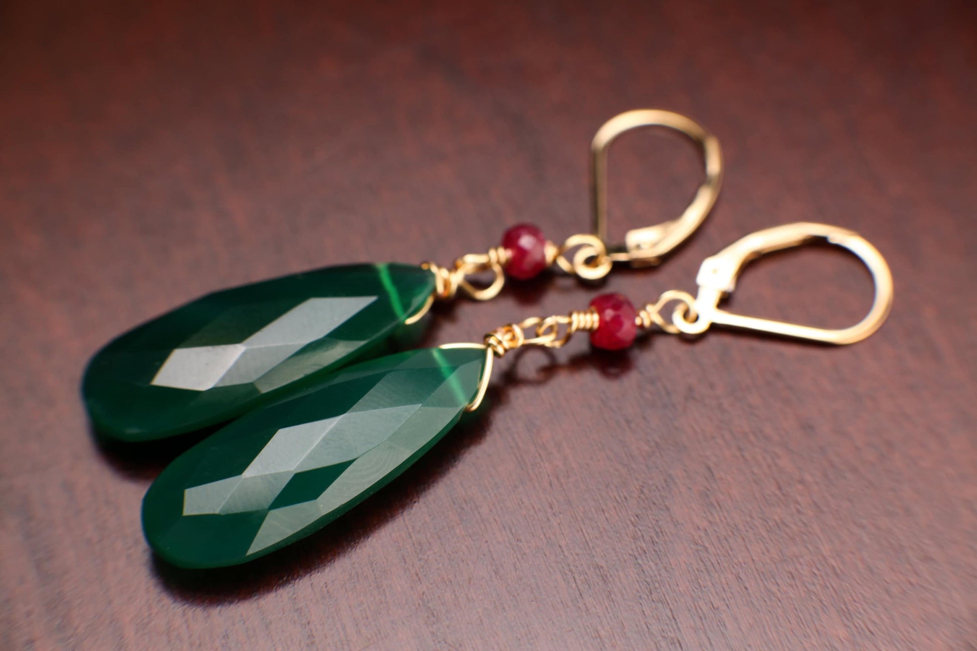 Green Onyx Faceted Long Pear Drop 10x30mm Wire Wrapped, 4mm Genuine Ruby accent 14k Gold Filled Leverback Earring, Elegant Gift