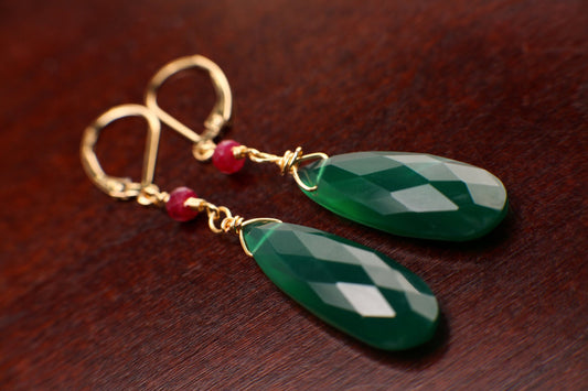 Green Onyx Faceted Long Pear Drop 10x30mm Wire Wrapped, 4mm Genuine Ruby accent 14k Gold Filled Leverback Earring, Elegant Gift