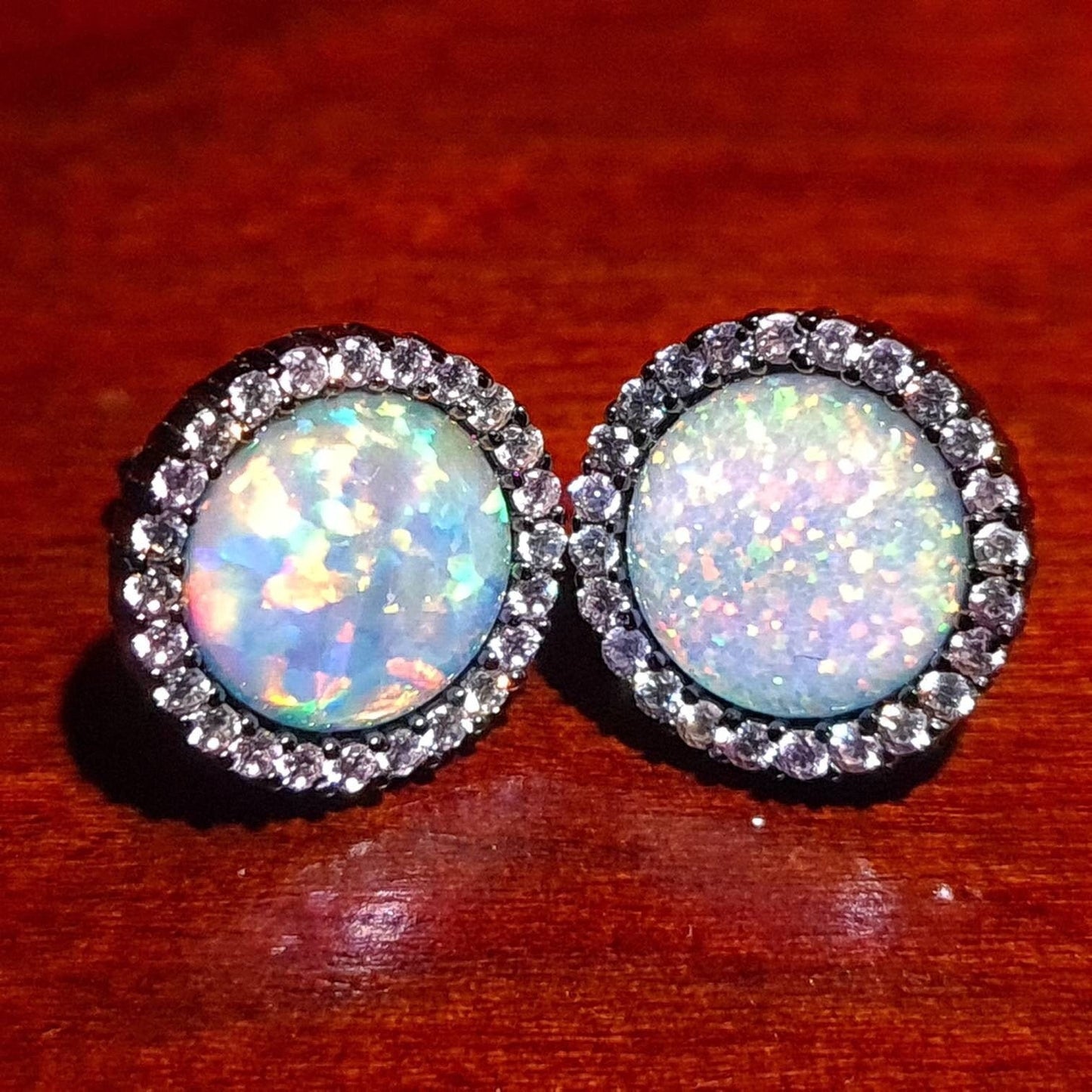 Ethiopian Fire Opal, Welo Opal, 12mm Round Shape CZ Stud Earrings in Black Rhodium 925 Sterling Silver AAA Fiery Opal Elegant Dainty Earring