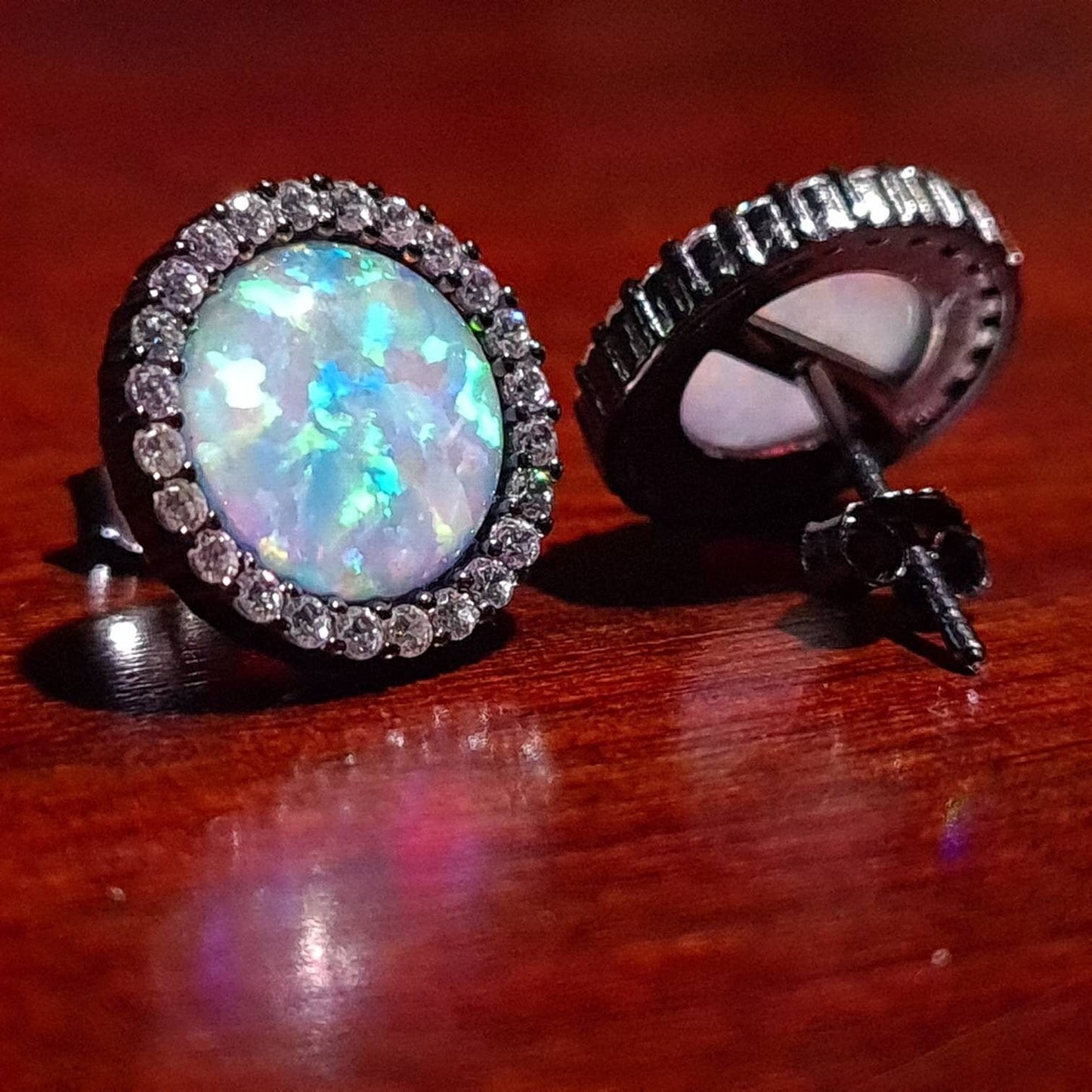 Ethiopian Fire Opal, Welo Opal, 12mm Round Shape CZ Stud Earrings in Black Rhodium 925 Sterling Silver AAA Fiery Opal Elegant Dainty Earring