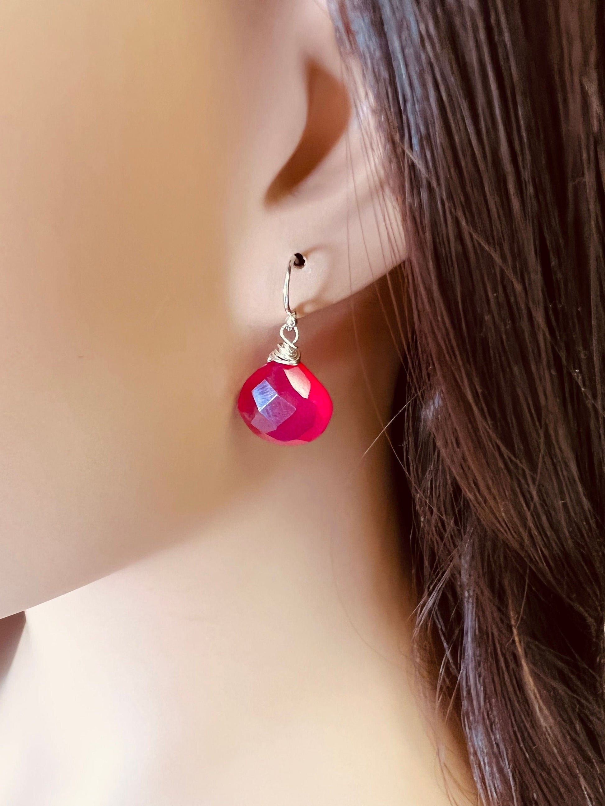 Hot Pink Chalcedony 13-14mm Heart drop 925 Sterling Silver, Gold Filled Earwire or Leverback earrings valentines girlfriend gift