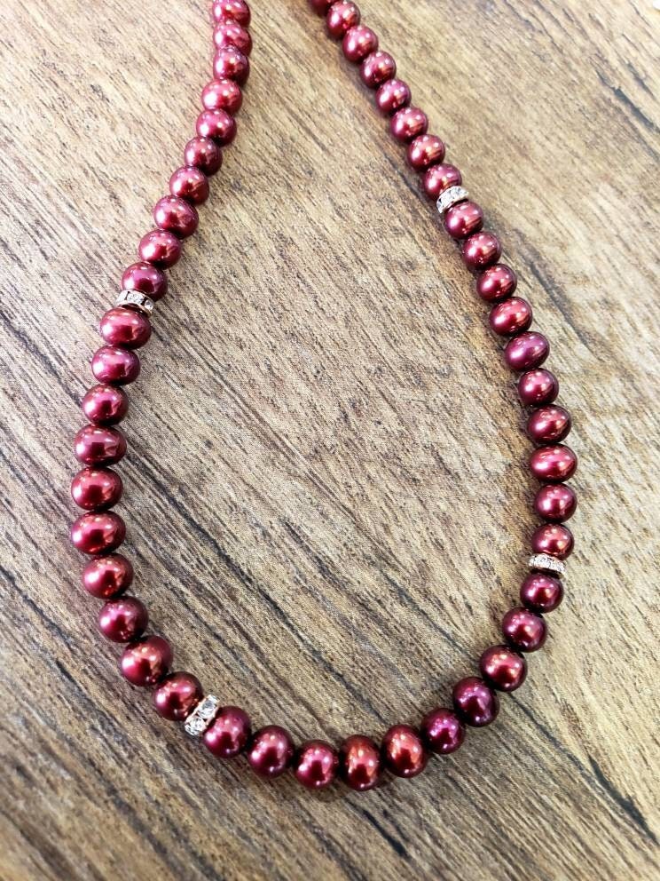 Natural Freshwater Raspberry Red 5mm Potato Round high luster Pearl Rose Gold Necklace, Choker, Layering, Minimalist Natural Pearl Gift