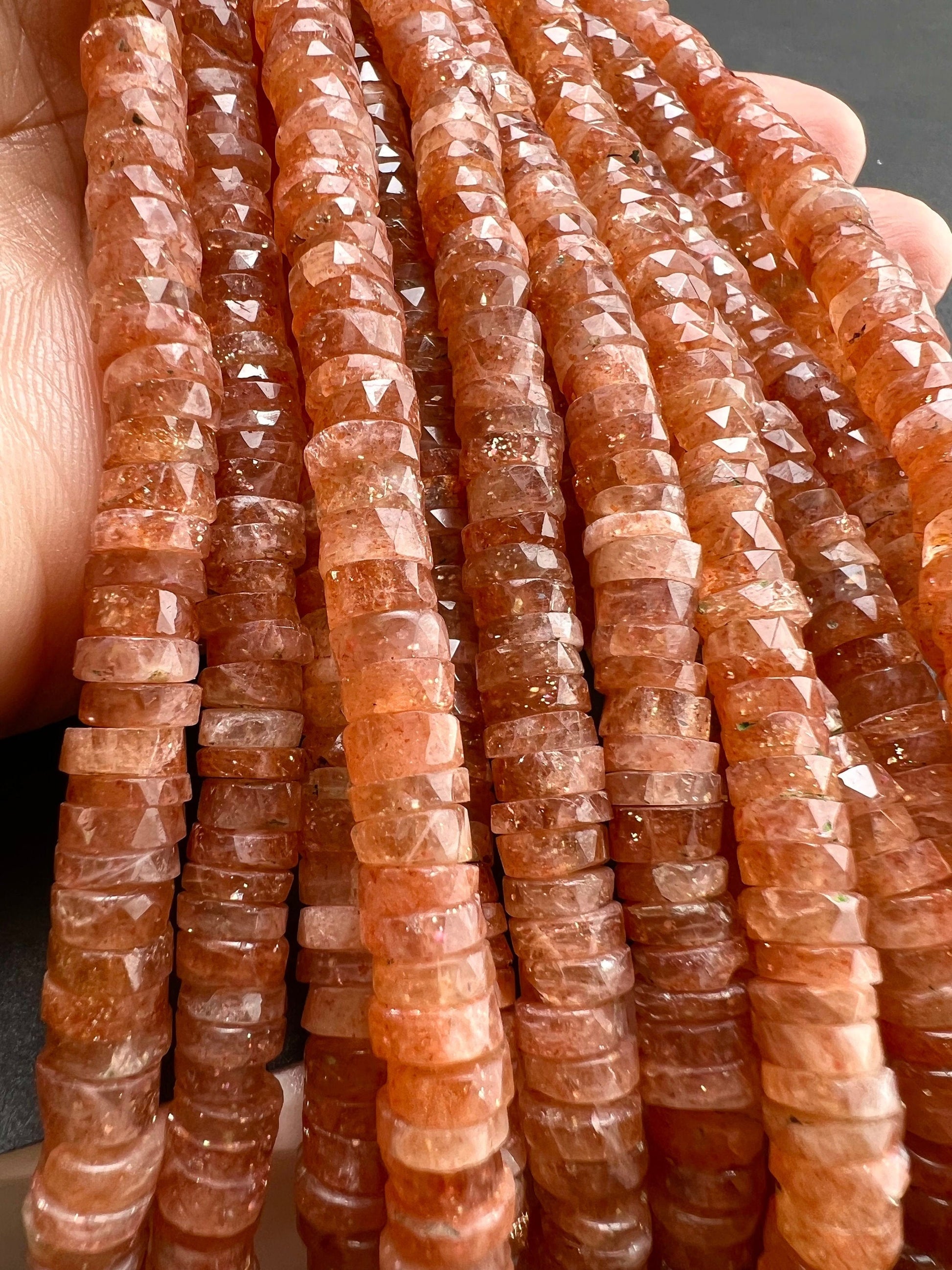 Genuine Sun Stone Heishi tyre washer beads faceted 5.5-6, 6-6.5mm Flashy AAA quality Beads Rainbow Sunstone Beads 8” strand