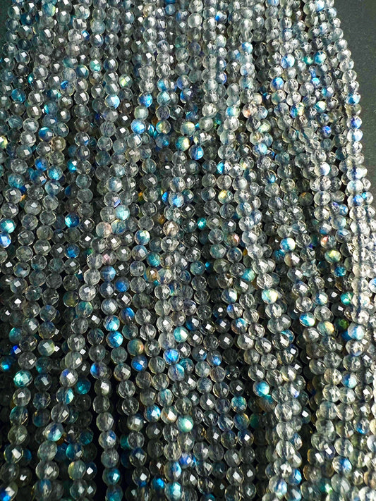 Natural Labradorite Blue Flash 3.5mm Faceted round bead For Jewelry Making,DIY, Healing Gemstones 12&quot; St