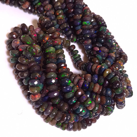 Natural Black Ethiopian Welo fire Opal Faceted Rondelle 4-5.5mm graduated AAA quality sparkly beads for jewelry making , 7” , 14” strand