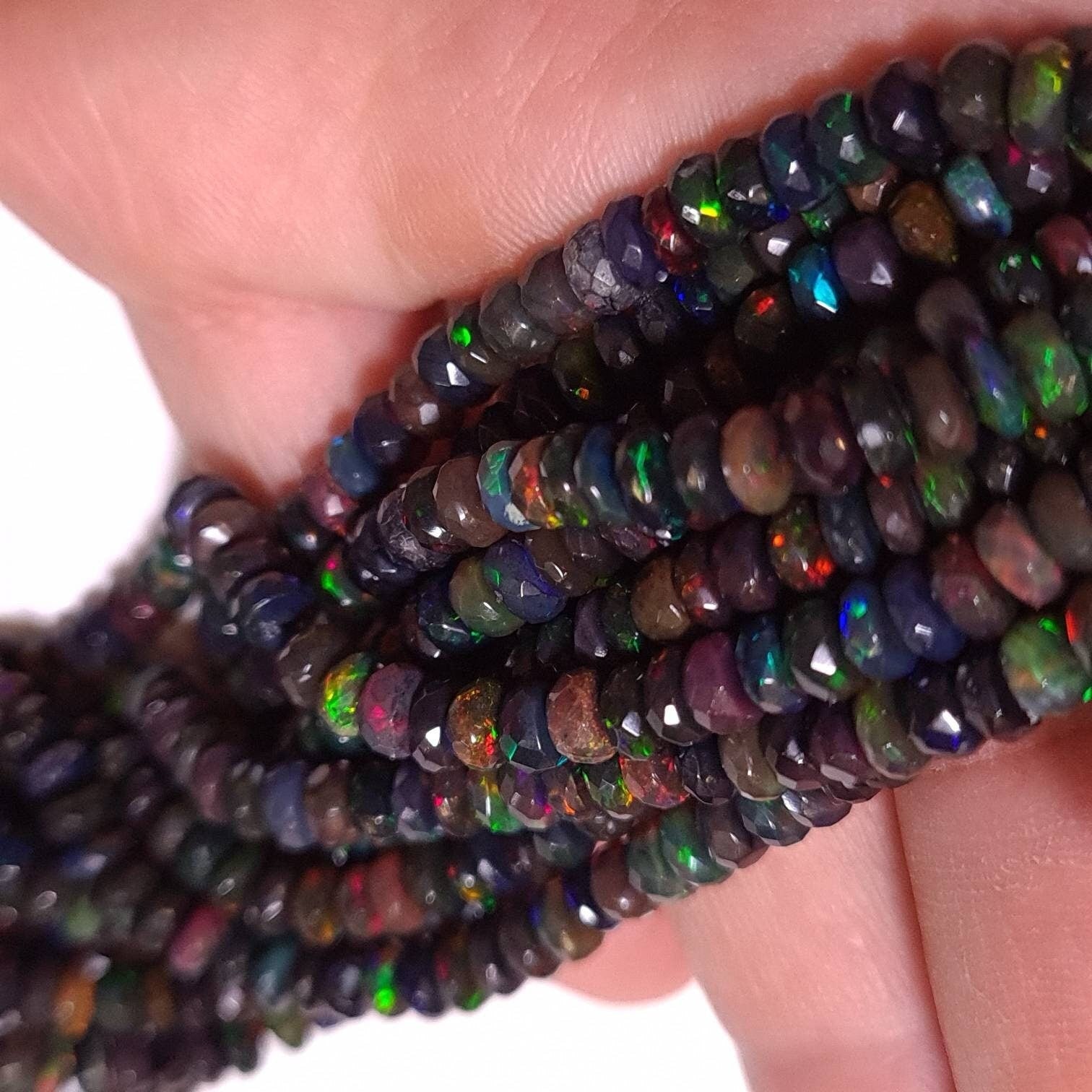 Natural Black Ethiopian Welo fire Opal Faceted Rondelle 4-5.5mm graduated AAA quality sparkly beads for jewelry making , 7” , 14” strand