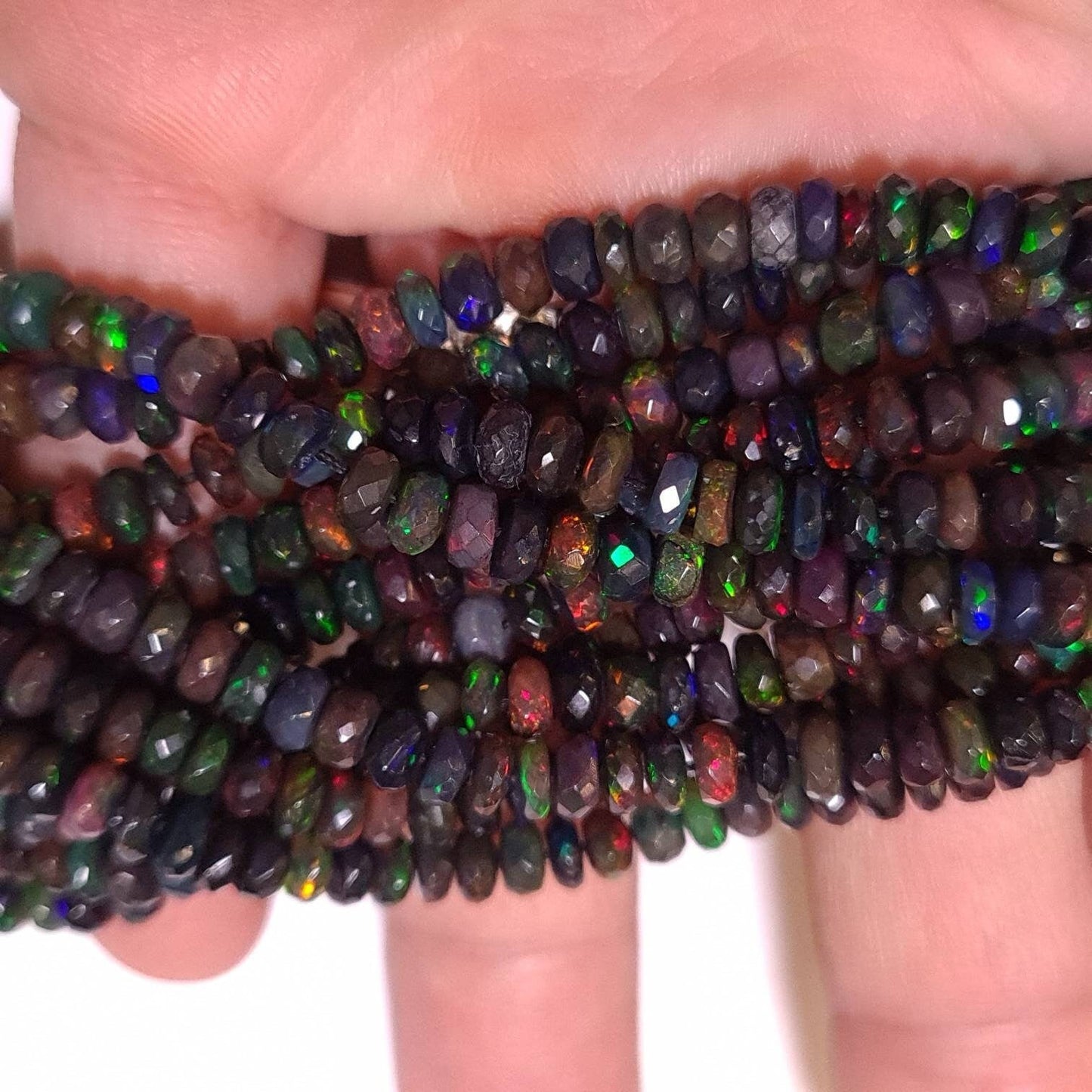 Natural Black Ethiopian Welo fire Opal Faceted Rondelle 4-5.5mm graduated AAA quality sparkly beads for jewelry making , 7” , 14” strand