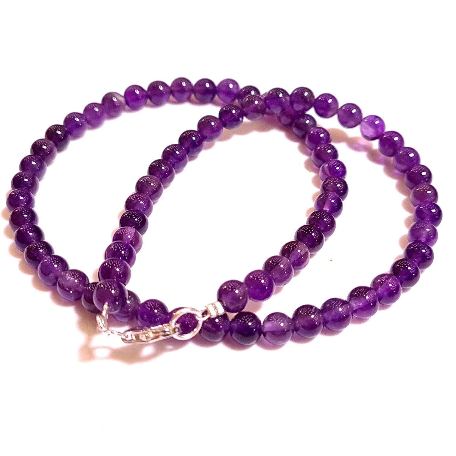 Natural Amethyst Purple 6mm Smooth Round AAA beaded Choker, Layering Necklace in Sterling Silver clasp. February birthstone,For Man & woman