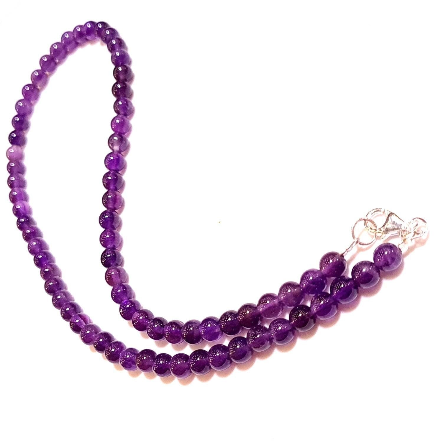 Natural Amethyst Purple 6mm Smooth Round AAA beaded Choker, Layering Necklace in Sterling Silver clasp. February birthstone,For Man & woman