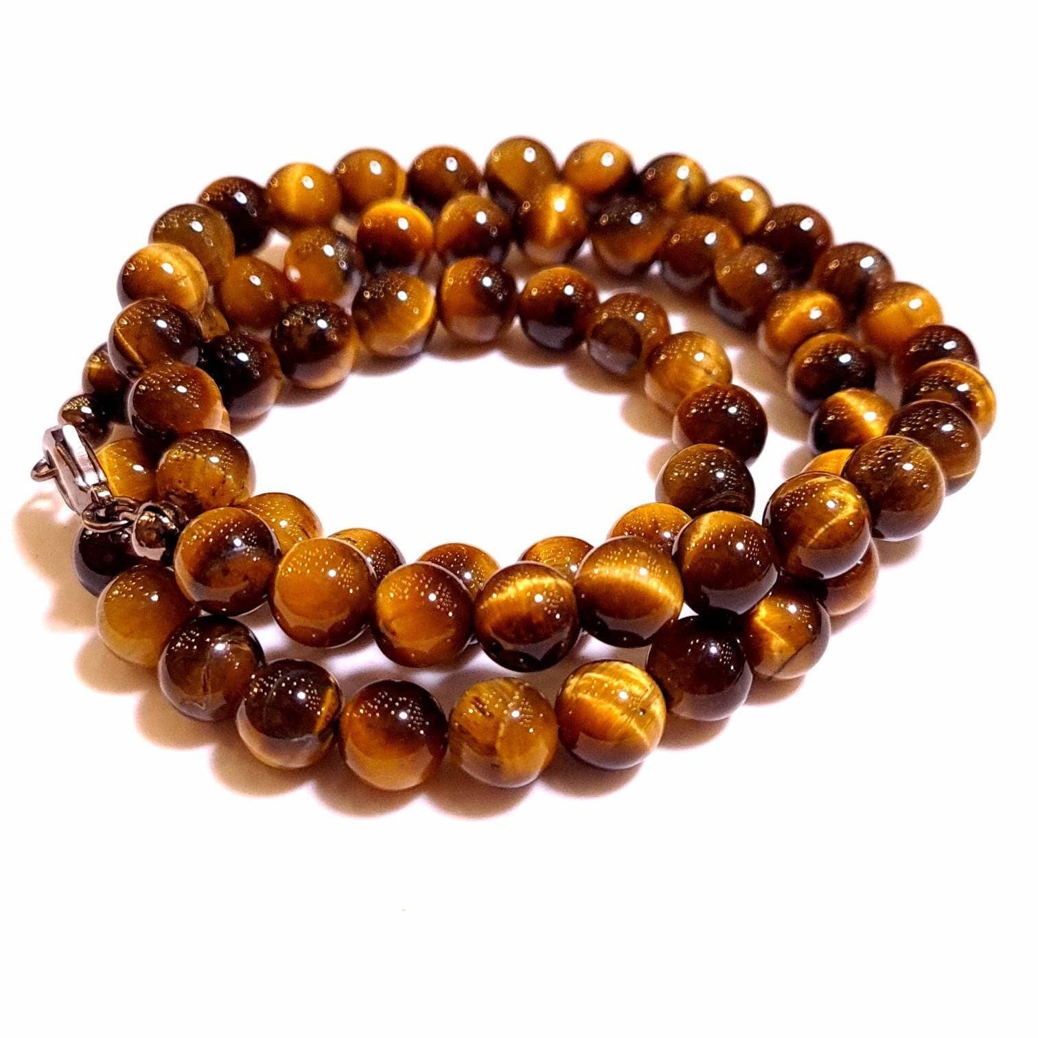 Natural Tiger Eye 8mm Smooth Round Choker, Layering Necklace in Sterling Silver, Chakra, Prosperity Gift