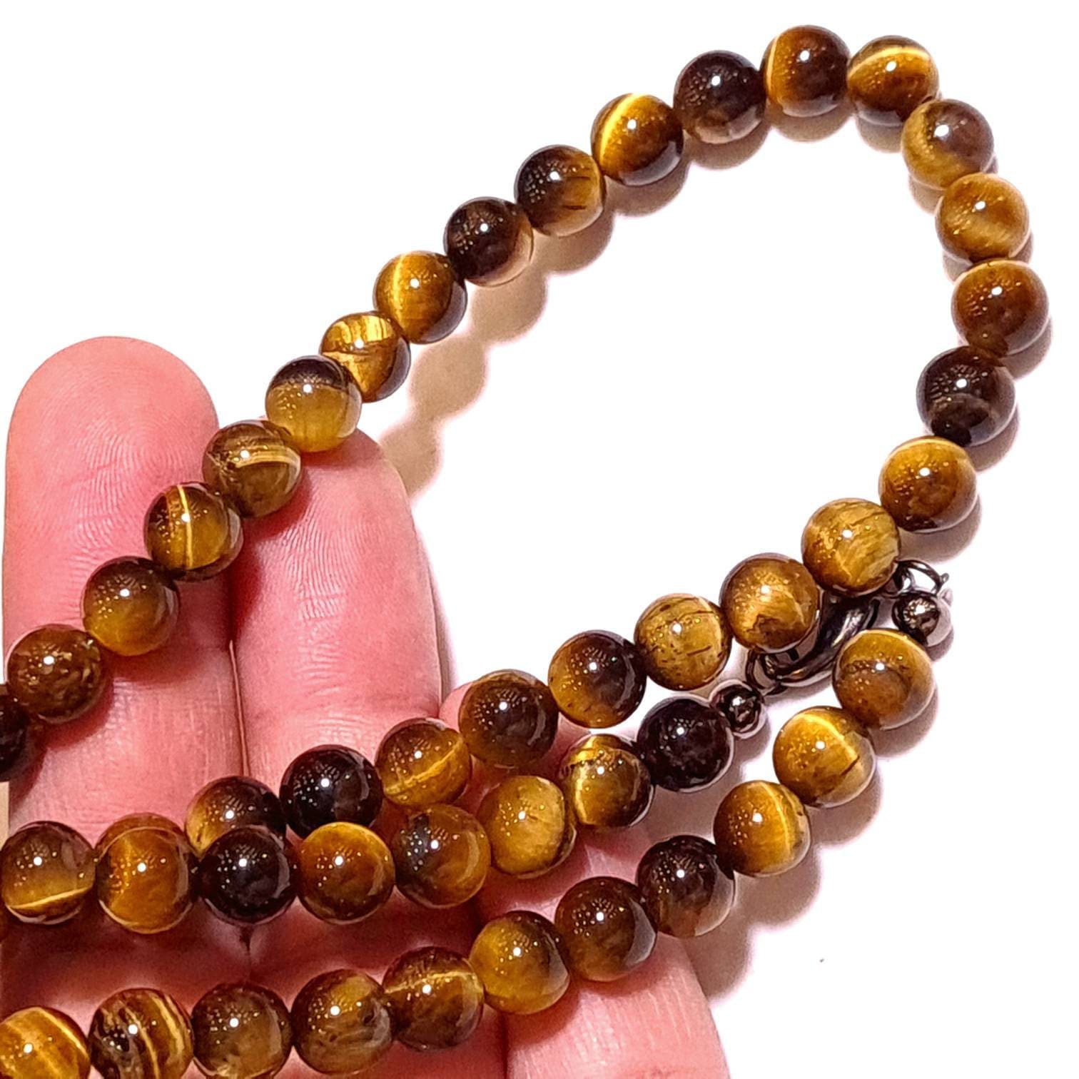 Natural Tiger Eye 8mm Smooth Round Choker, Layering Necklace in Sterling Silver, Chakra, Prosperity Gift