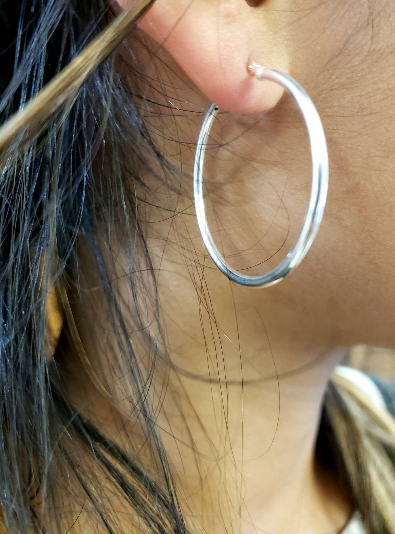 925 Sterling Silver 34mm Snap on large hoop earring. Minimalist simple wear hoop earring. 1 pair, 925 stamped