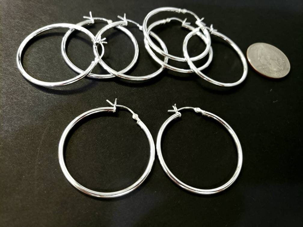 925 Sterling Silver 34mm Snap on large hoop earring. Minimalist simple wear hoop earring. 1 pair, 925 stamped