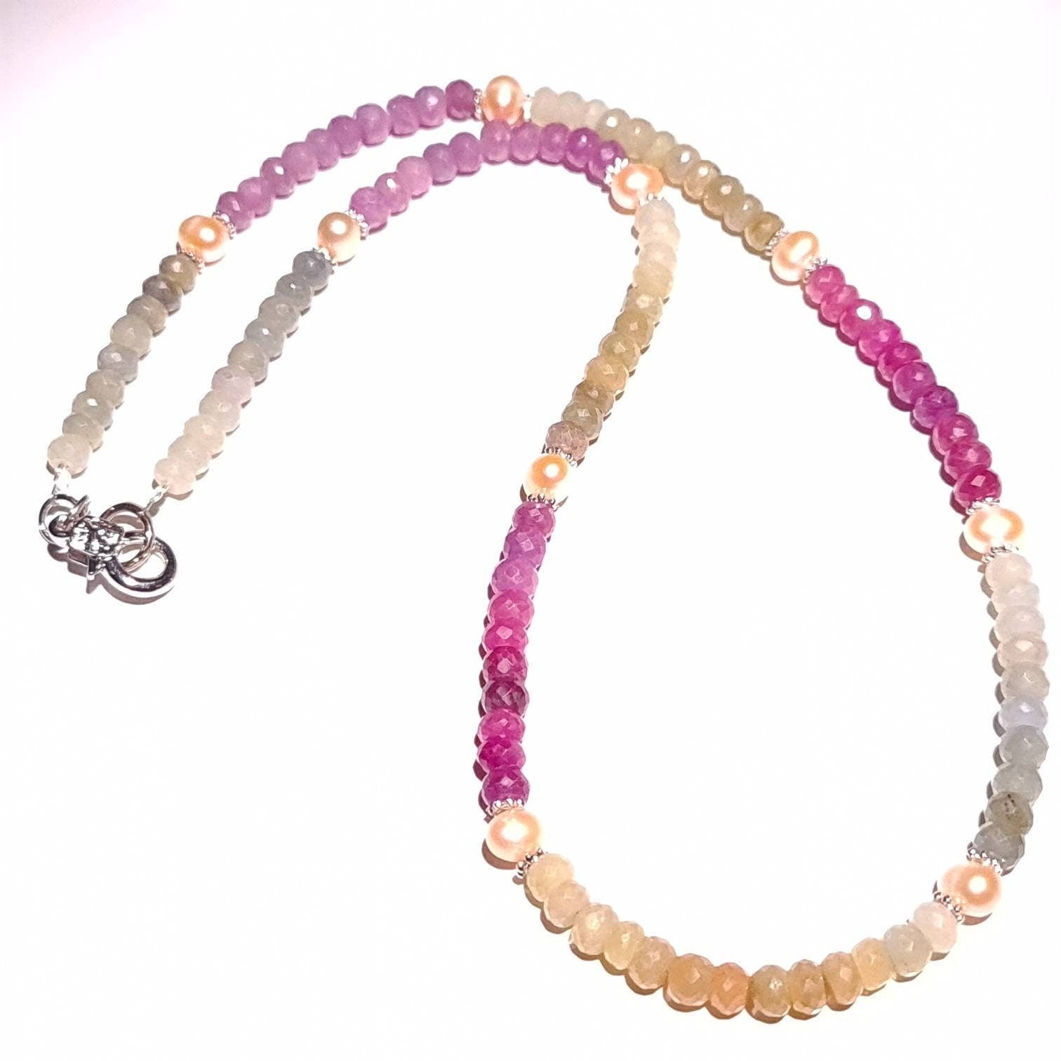 Natural Multi Sapphire, Faceted 5-5.5mm Rondelle with Pearl Multi Precious Gemstone in Silver Necklace