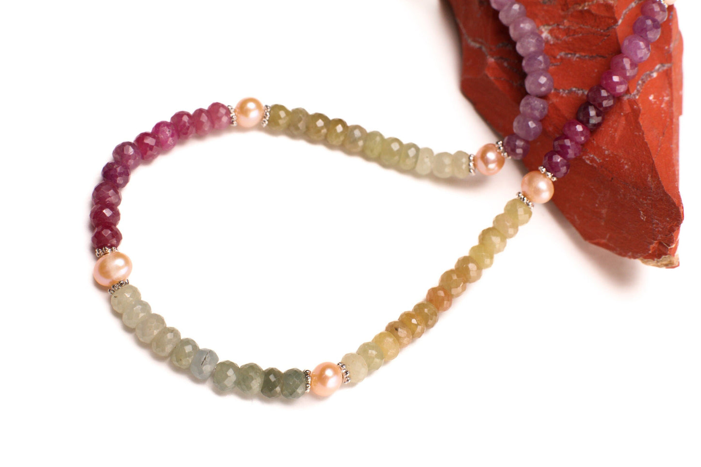 Natural Multi Sapphire, Faceted 5-5.5mm Rondelle with Pearl Multi Precious Gemstone in Silver Necklace