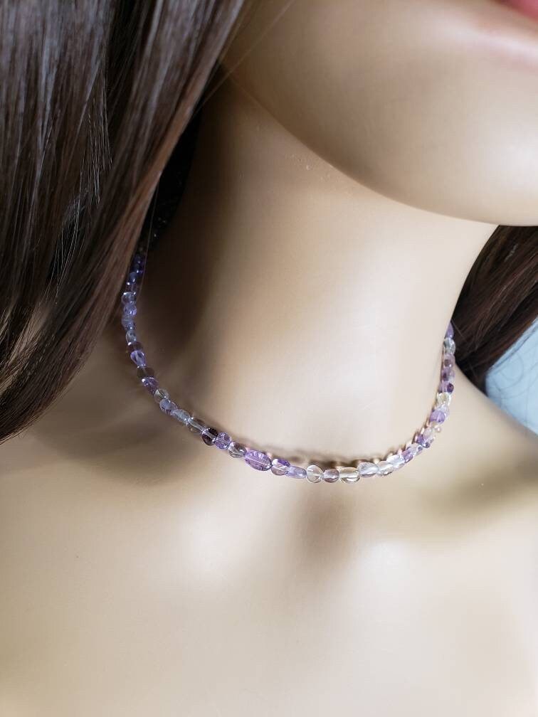 Natural Ametrine Smooth Freeform Oval Beaded Silver Lobster Clasp, Choker, Layering Silver Necklace