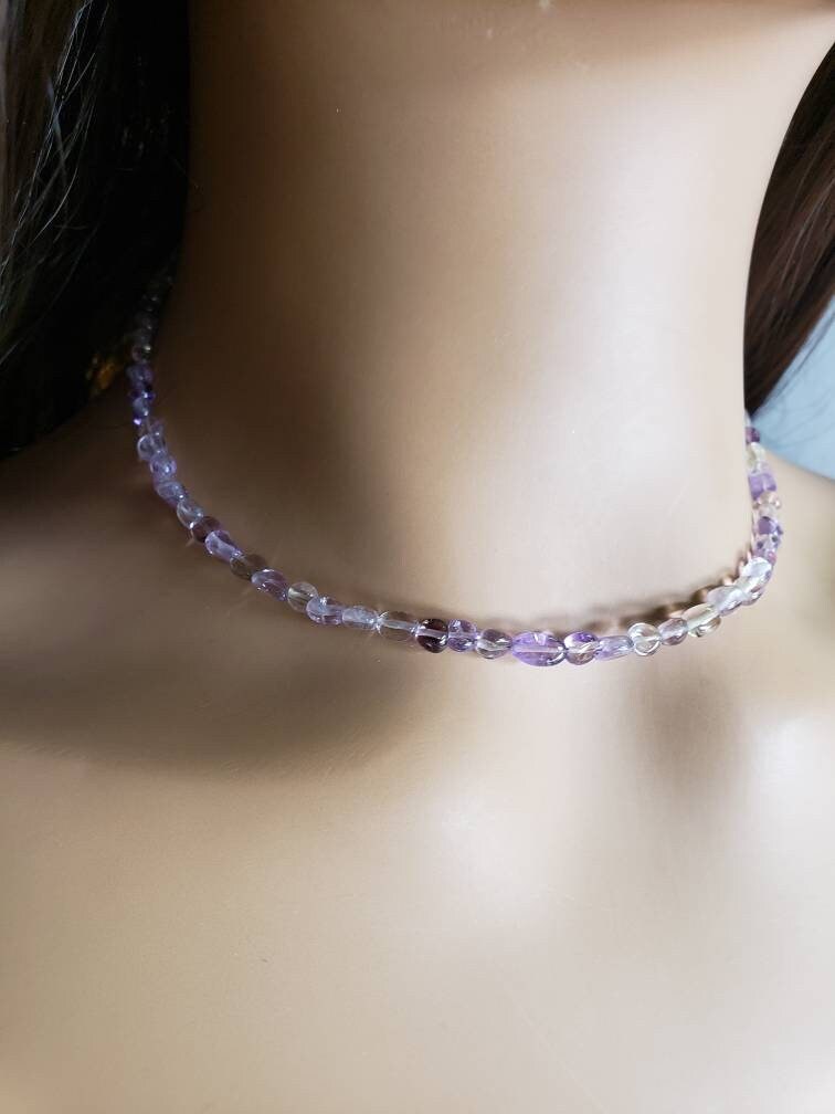 Natural Ametrine Smooth Freeform Oval Beaded Silver Lobster Clasp, Choker, Layering Silver Necklace