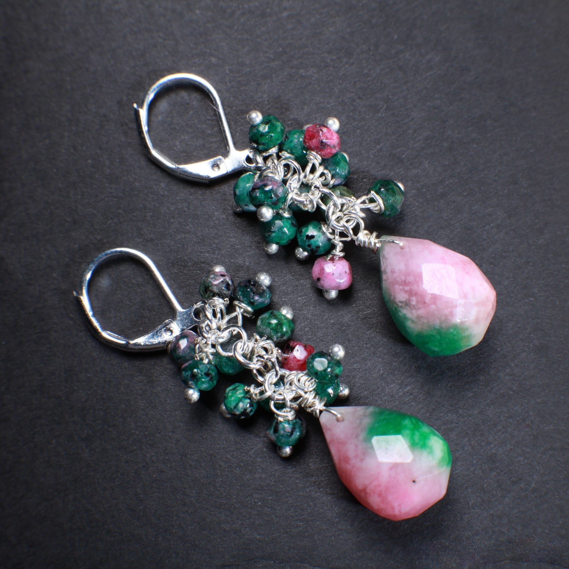 Natural Ruby Zoisite Wire Wrapped Clusters with Accent Candy Jade Faceted Teardrop Briolette in 925 Sterling Silver,Silver Plated Leverback