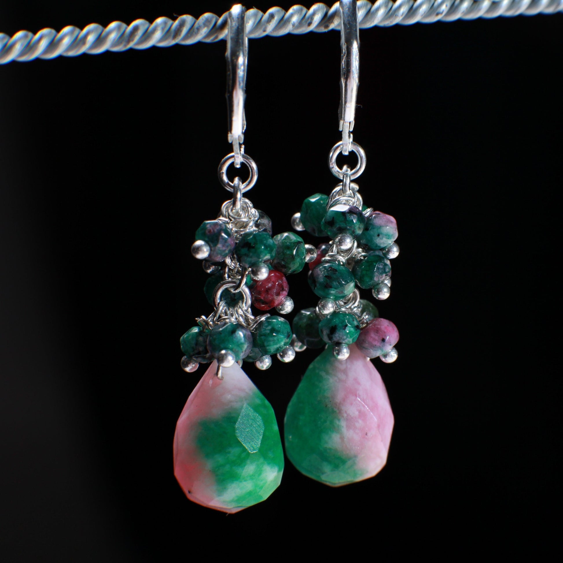 Natural Ruby Zoisite Wire Wrapped Clusters with Accent Candy Jade Faceted Teardrop Briolette in 925 Sterling Silver,Silver Plated Leverback