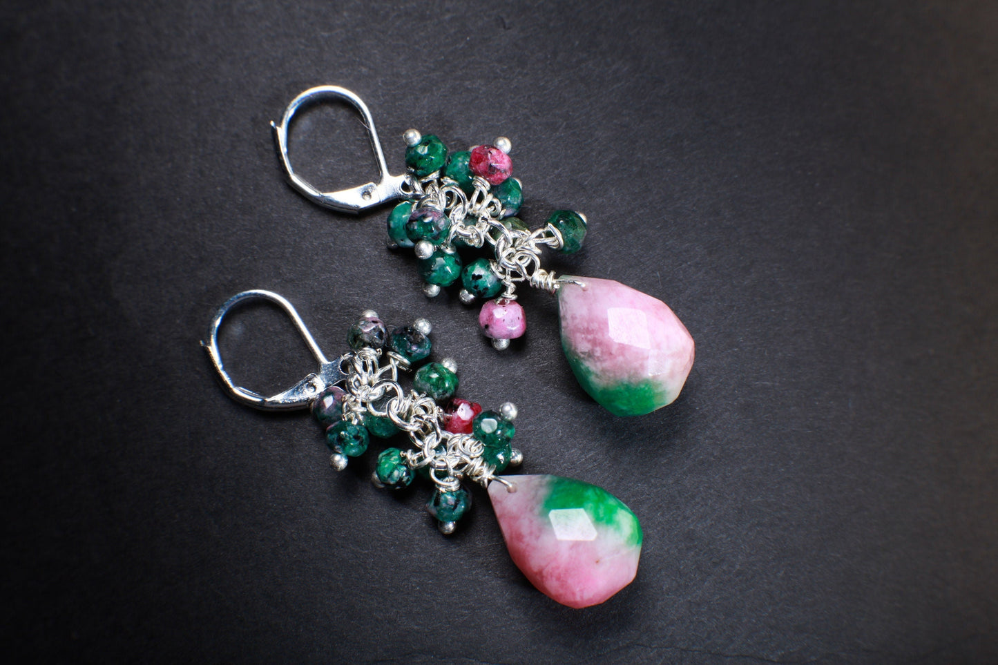 Natural Ruby Zoisite Wire Wrapped Clusters with Accent Candy Jade Faceted Teardrop Briolette in 925 Sterling Silver,Silver Plated Leverback