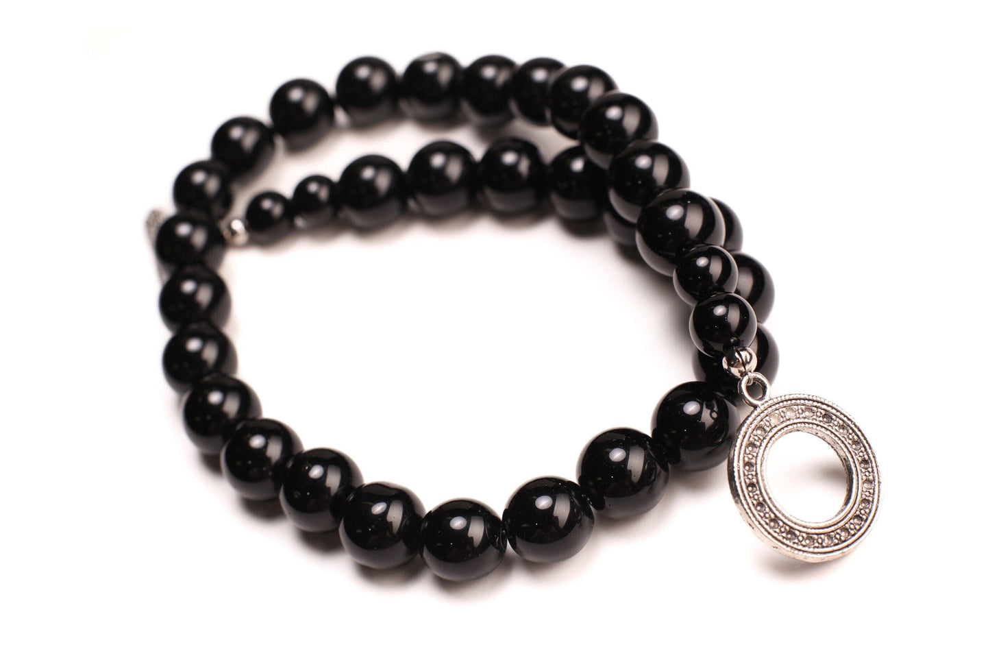 Genuine Black Onyx 14mm Large Smooth Round Bali Style Toggle Necklace, elegant gift