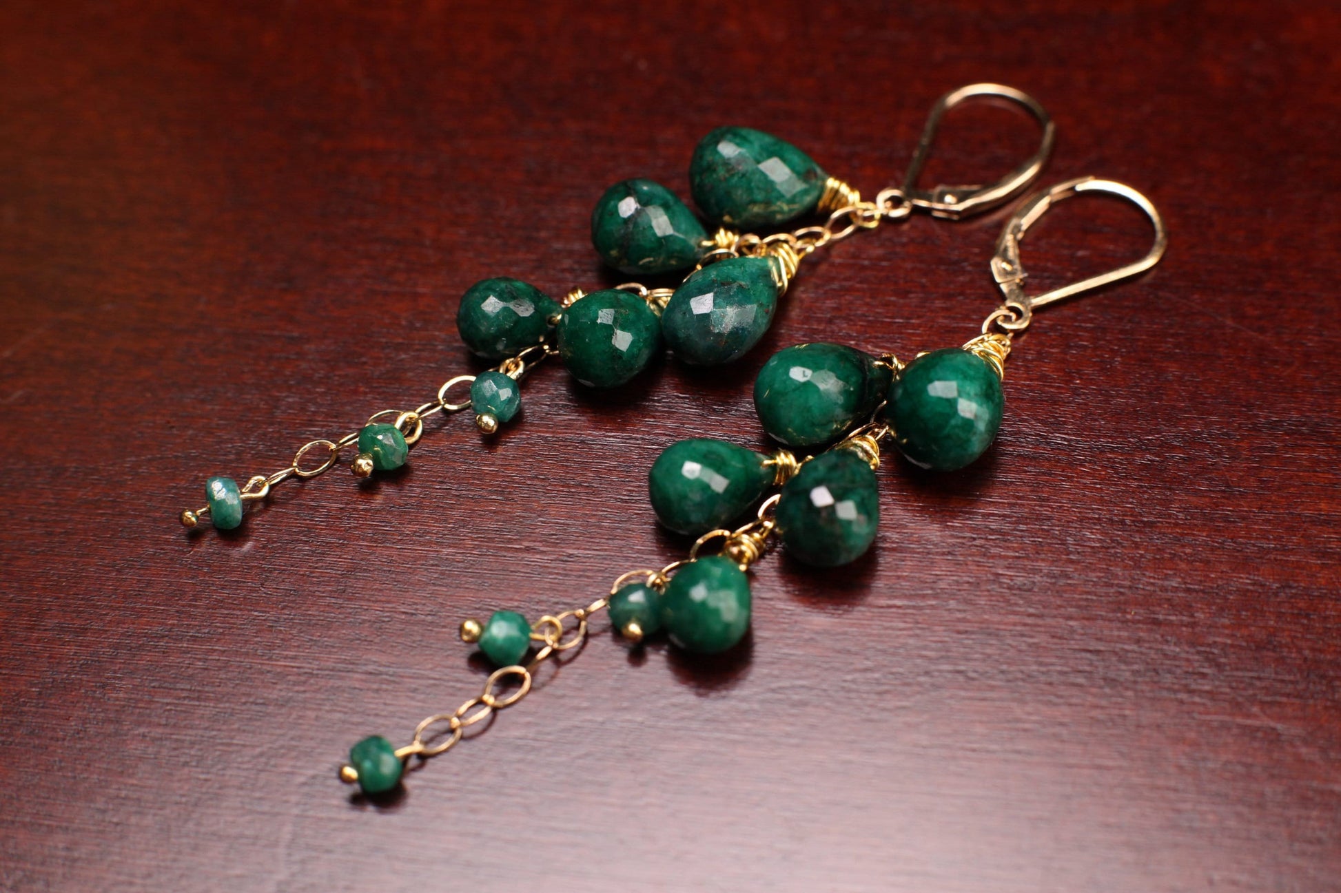 Natural Emerald Faceted Briolette Pear-drop Emerald 14K Gold Filled cascade Lever back Earrings, elegant precious Gift For Her