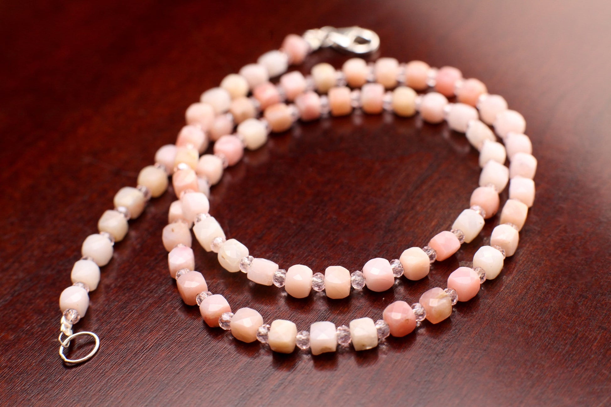 Natural Pink Peruvian Opal 4-4.5mm Cube bead choker layering Necklace, Accent pink crystal in 925 Sterling Silver Clasp,love, Valentine gift