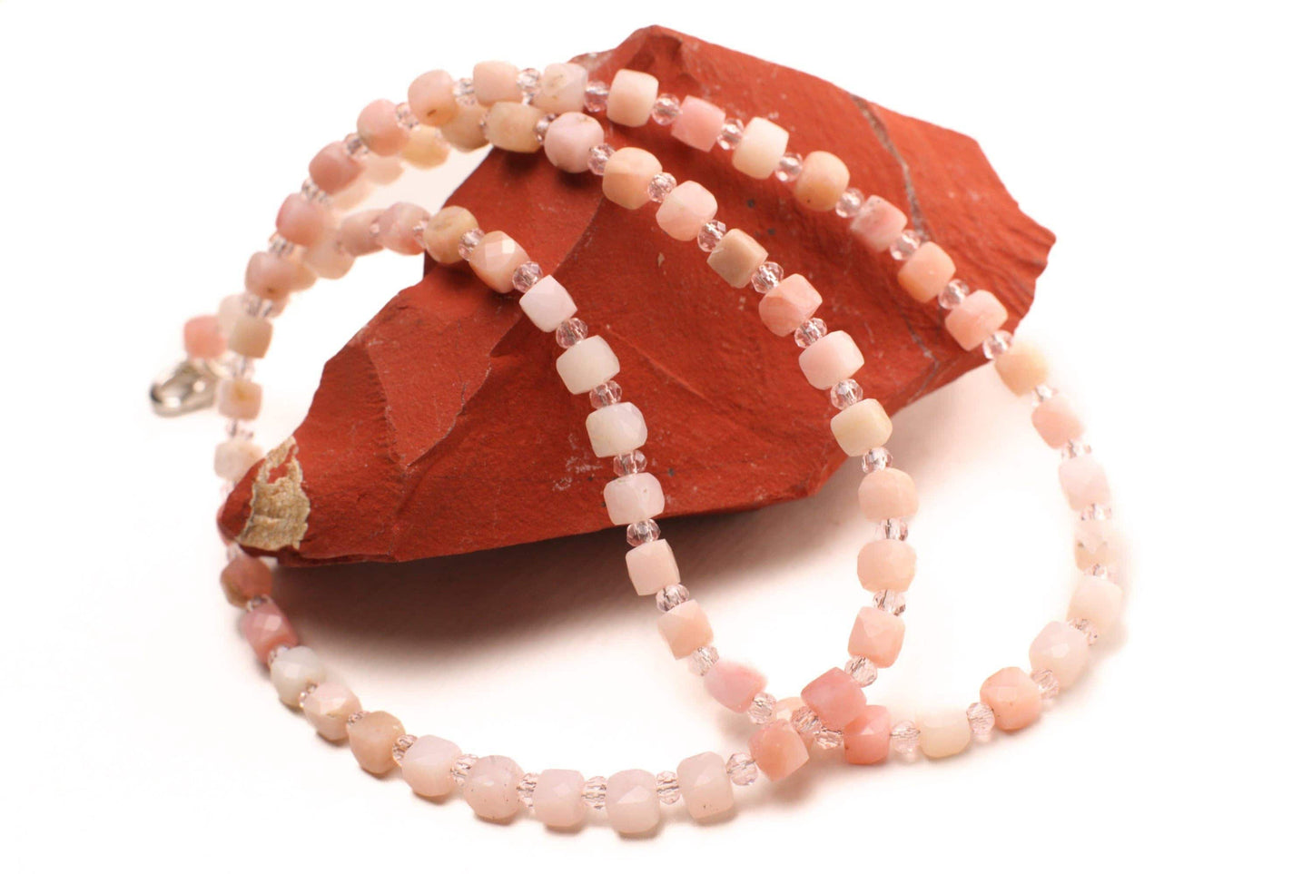 Natural Pink Peruvian Opal 4-4.5mm Cube bead choker layering Necklace, Accent pink crystal in 925 Sterling Silver Clasp,love, Valentine gift