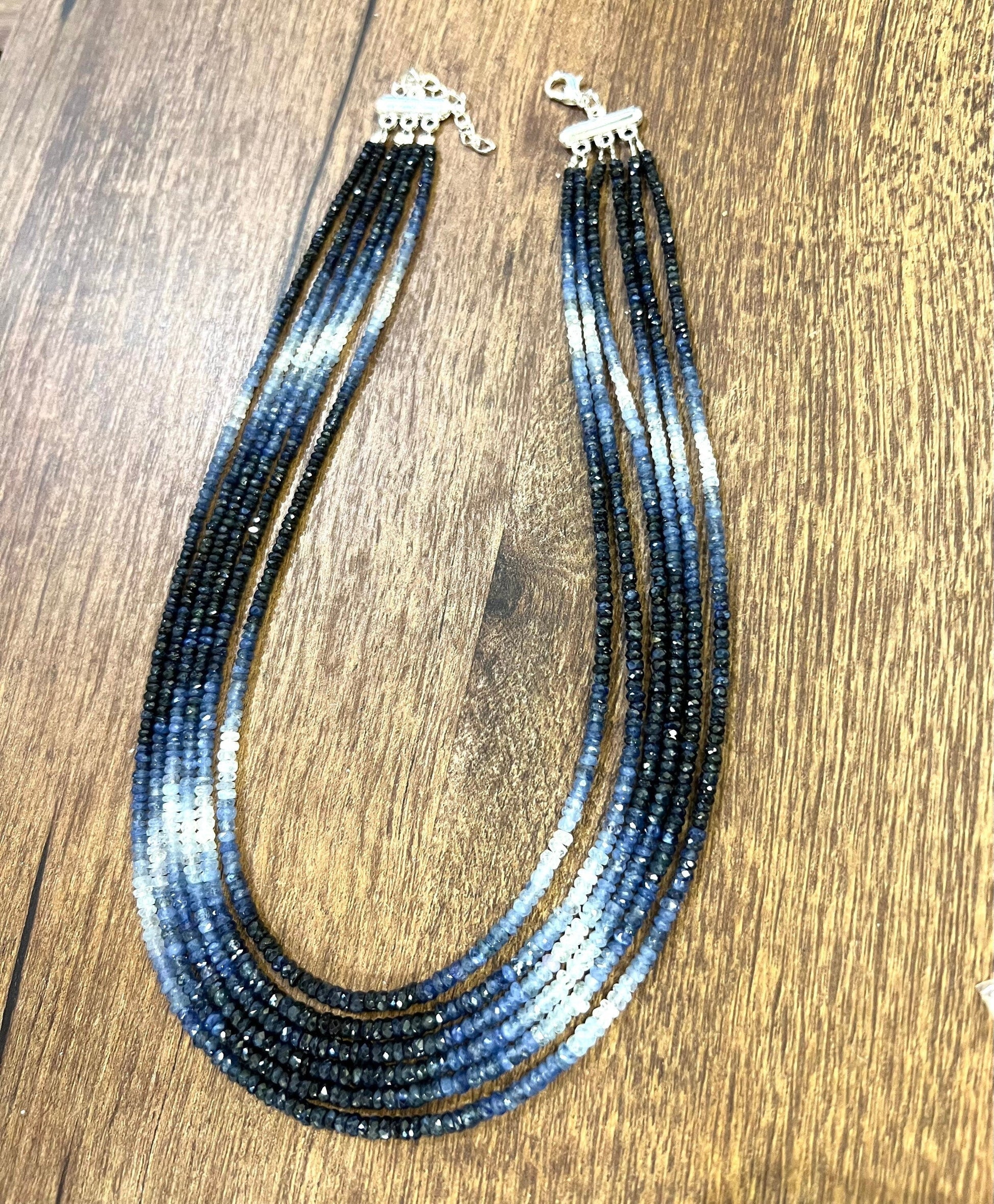 6 line Ombre Sapphire Graduated 2.5-3.5mm Faceted Roundel Necklace. 15&quot;-16&quot; natural sapp Beads Necklace with silver Adjustable Clasp